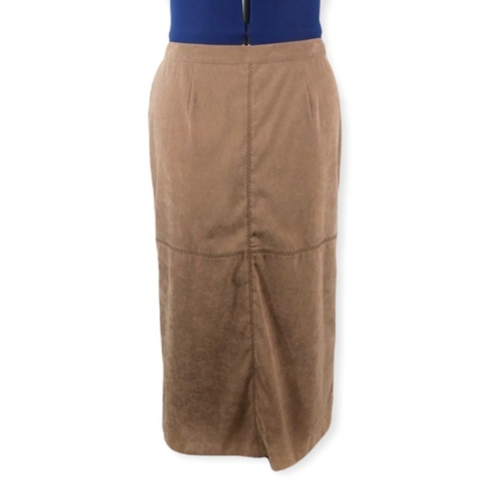 Westbound Petites 14P tan faux suede elastic‎ waistband stitched maxi skirt